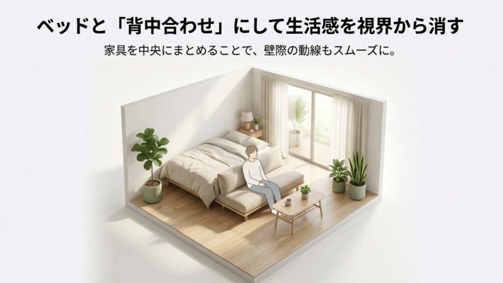 一人暮らしワンルームの家具配置。ソファをベッドと背中合わせに配置し、生活感のあるベッド周りを視界から隠すテクニック