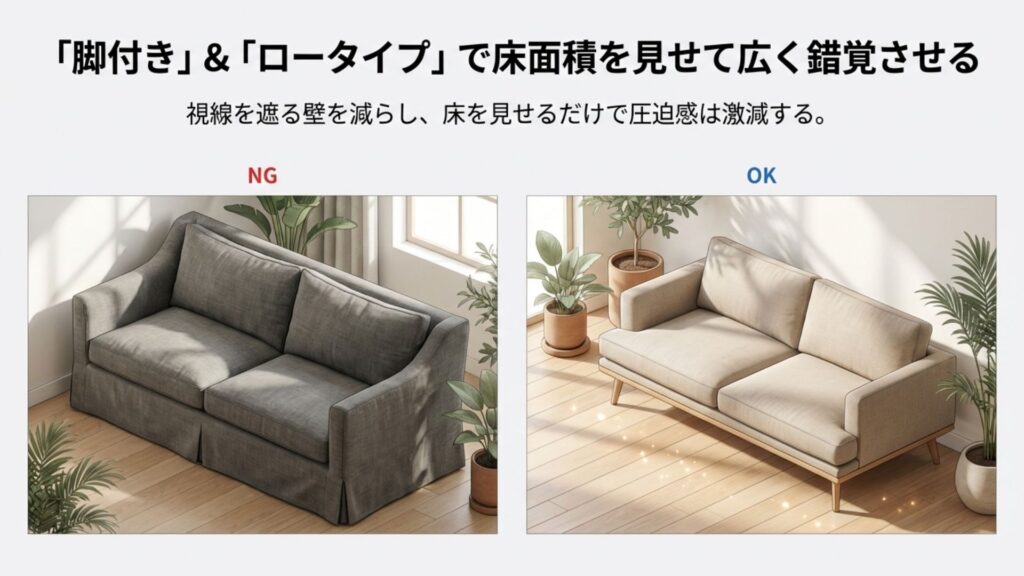 狭い部屋向けのソファ選び比較。脚付きでロータイプのソファを選び、床面積を見せることで圧迫感を減らす効果の図解
