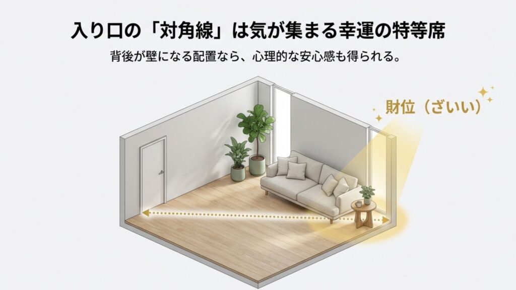 リビングの風水配置図。入り口の対角線上にある「財位」にソファを置き、背後を壁にして安心感を確保するレイアウト