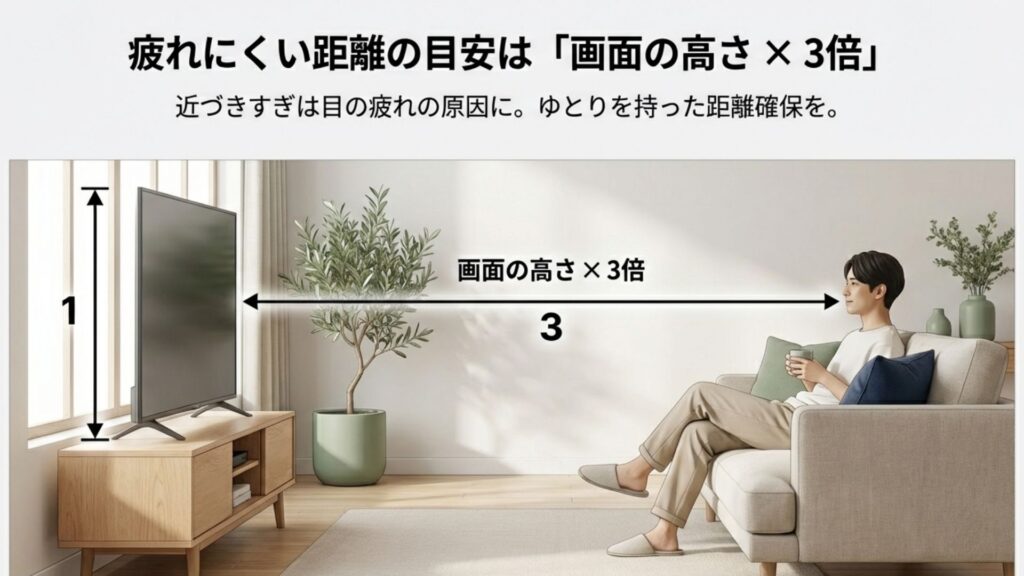 テレビとソファの適正距離を示す図解。画面の高さの3倍の距離を確保し、目の疲れを防ぐ配置の目安