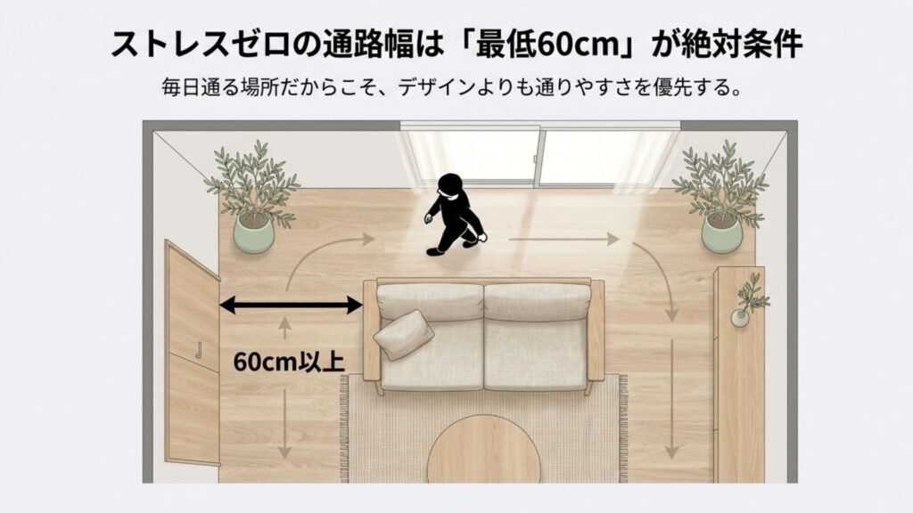 リビングの動線計画図。人がストレスなく通れる通路幅として最低60cm以上を確保する配置ルール