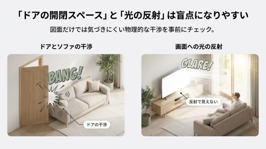 ソファ配置の失敗あるある。ドアが開いた時にソファに干渉する事例と、西日がテレビ画面に反射して見えなくなる事例