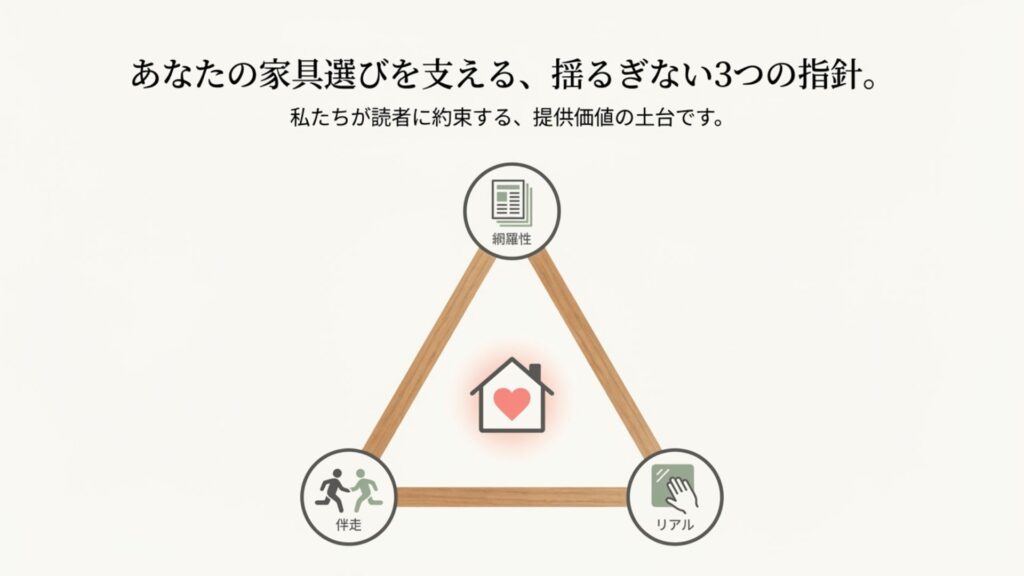「網羅性」「伴走」「リアル」の3つの要素が三角形を構成し、家の中心にあるハートを支えている図解。