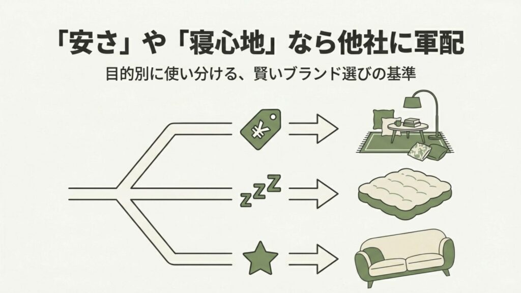 価格重視、睡眠重視、デザイン重視の3つの方向性に分かれるソファ選びのフローチャート