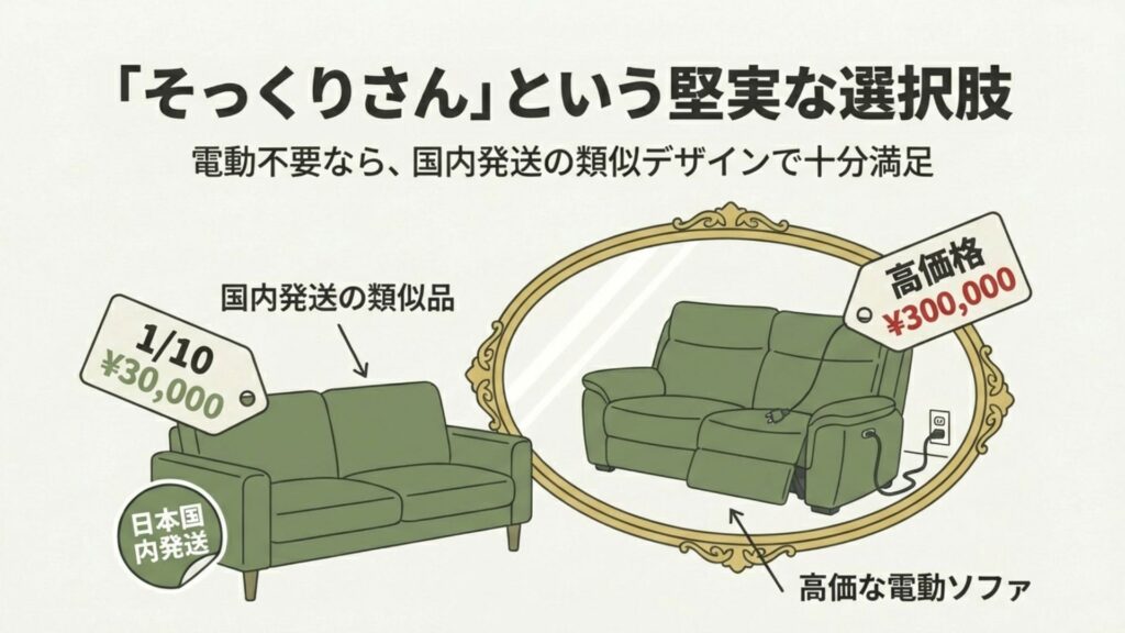 30万円の高価な電動ソファと3万円の国内発送類似デザインソファを鏡で比較する図