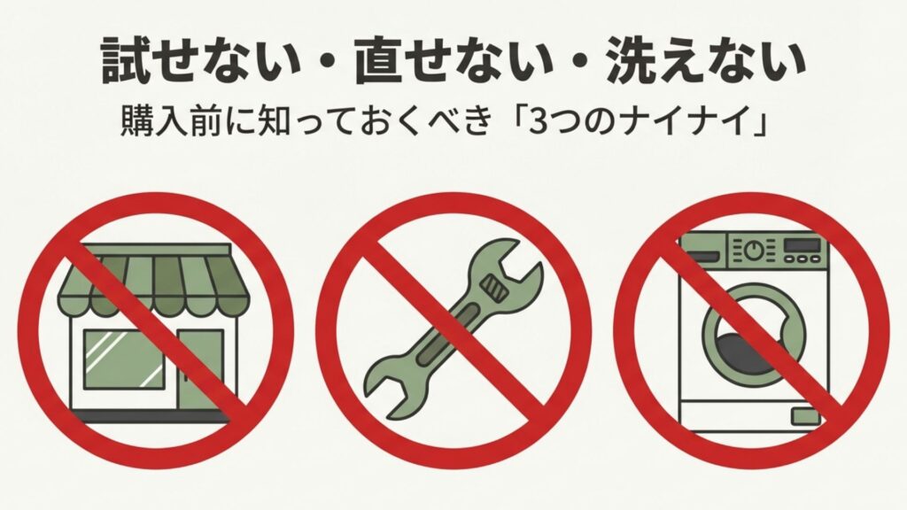 試座不可、修理不可、洗濯不可を示す3つのNGアイコン