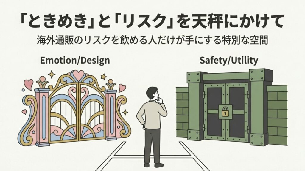 華やかなデザインの門と厳重にロックされたリスクの扉の前に立つ購入検討者の背中