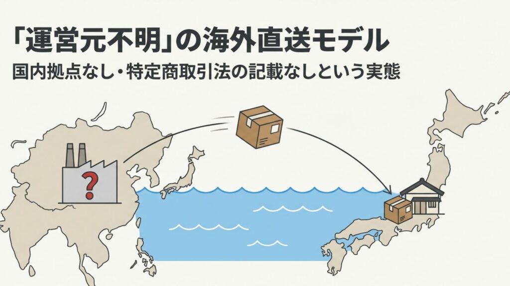 海外の工場から日本へ海を越えて直接配送される物流ルートと運営元不明を示すイメージ図
