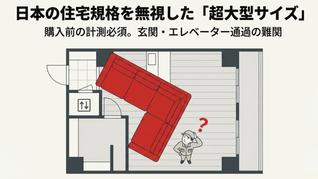 部屋の動線を塞いでしまう超大型L字ソファの間取り図と搬入に困る配送員のイラスト