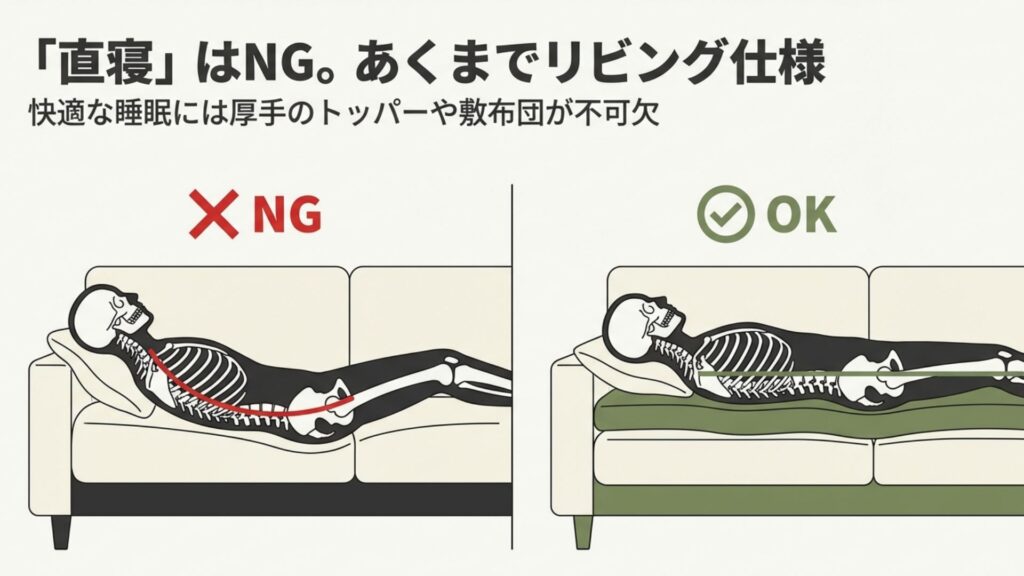 ソファに直接寝た場合の悪い姿勢とトッパーを敷いて改善した良い姿勢の比較骨格図