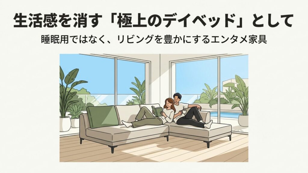 開放的なリビングでデイベッドとしてソファを使いリラックスするカップルのイラスト