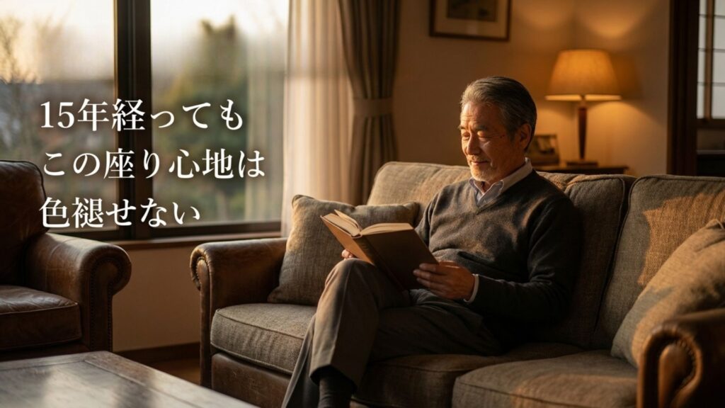 15年経過しても座り心地が色褪せない耐久性の高さを表現したイメージ