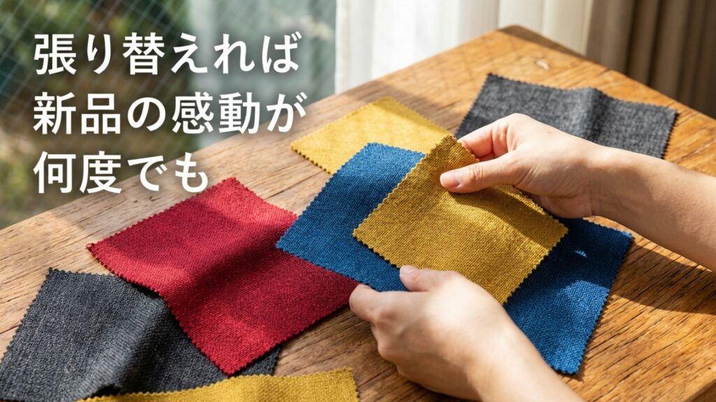 カバーの張替えによって新品同様の感動が蘇ることを示すイメージ