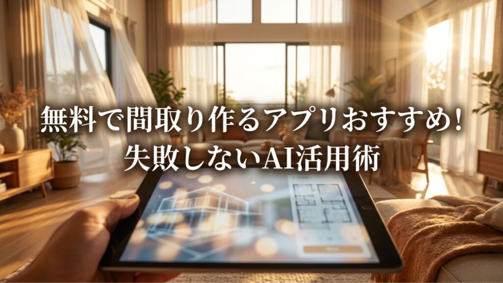 無料の間取り作成アプリに関する記事のアイキャッチ画像。「無料で間取り作るアプリおすすめ！失敗しないAI活用術」のタイトル文字。