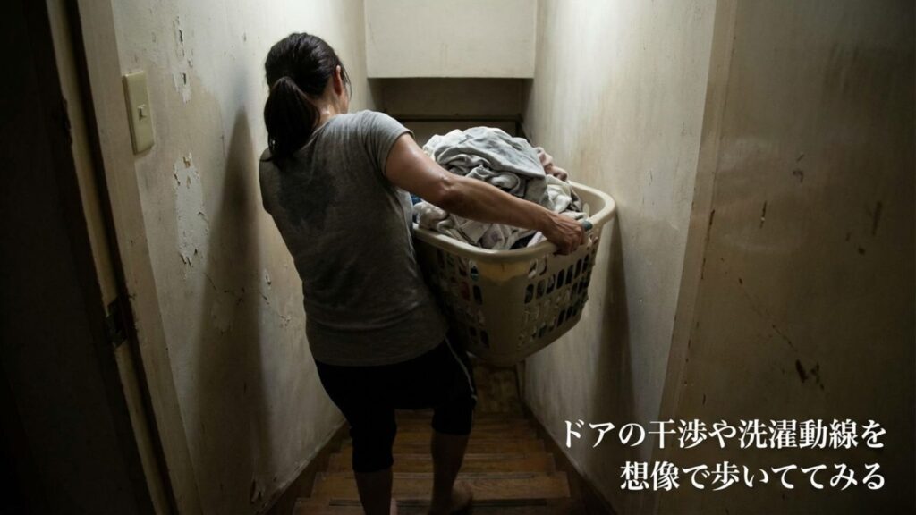 ドアの開閉による干渉や動線を確認している図。「ドアの干渉や洗濯動線を想像で歩いてみる」の文字。
