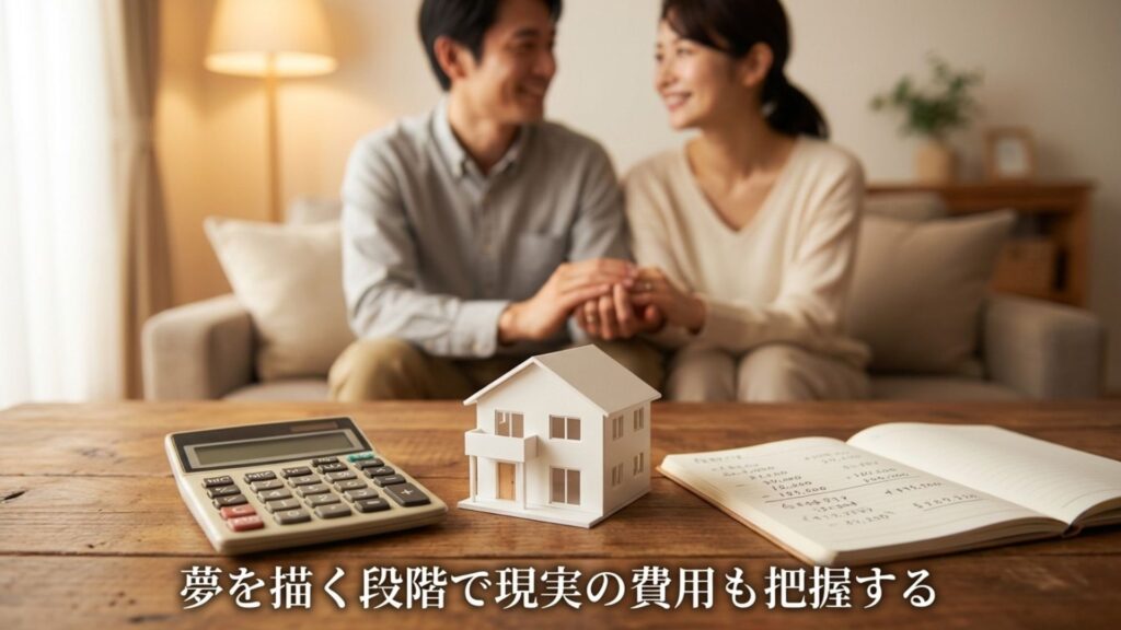間取り図の横に建築費用の見積もりが表示されているイメージ。「夢を描く段階で現実の費用も把握する」の文字。