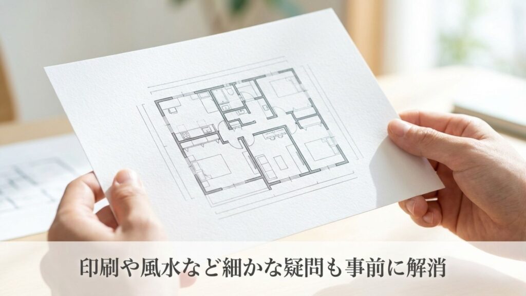 印刷された図面や風水盤のイメージイラスト。「印刷や風水など細かな疑問も事前に解消」の文字。