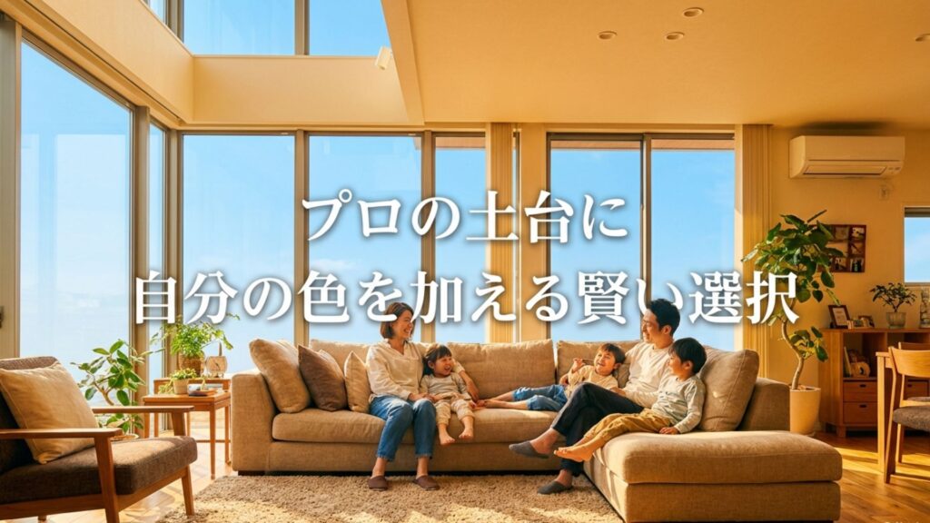 プロの図面の上に自分のアイデアを重ねているイメージ。「プロの土台に自分の色を加える賢い選択」の文字。