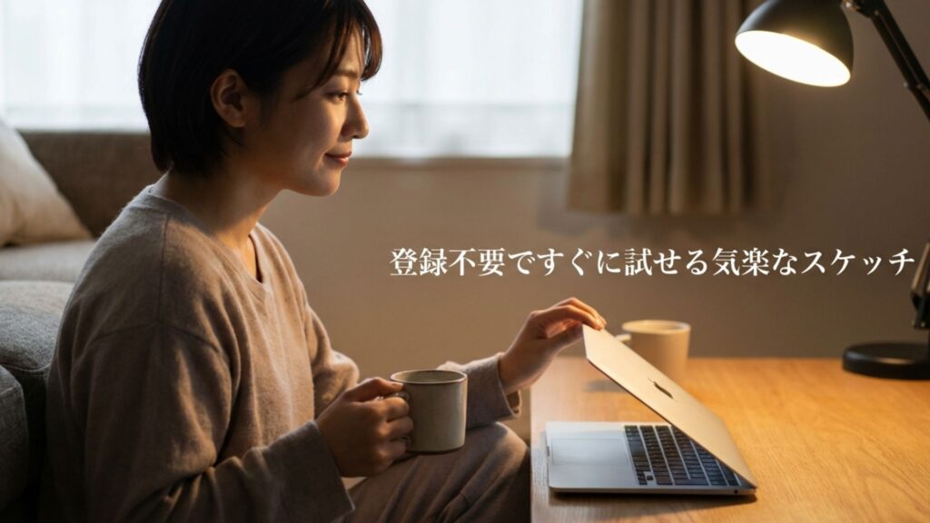 会員登録なしでブラウザですぐに描ける間取りスケッチのイメージ。「登録不要ですぐに試せる気楽なスケッチ」の文字。