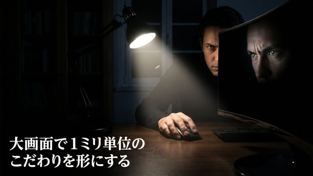 PCの大画面モニターを使って精密な図面を作成している様子。「大画面で1ミリ単位のこだわりを形にする」の文字。