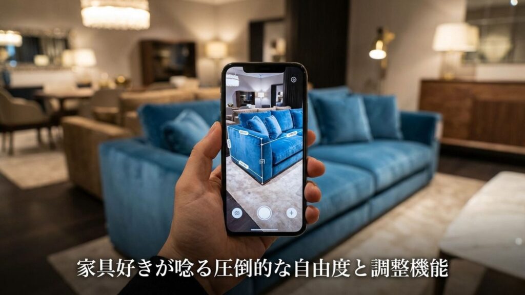 間取りTouch+アプリの家具調整機能のイメージ。「家具好きが唸る圧倒的な自由度と調整機能」のキャッチコピー。