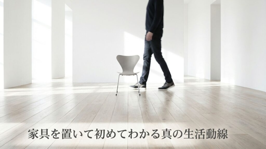 リビングの間取り図に家具を配置して通路幅を確認している図。「家具を置いて初めてわかる真の生活動線」の文字。