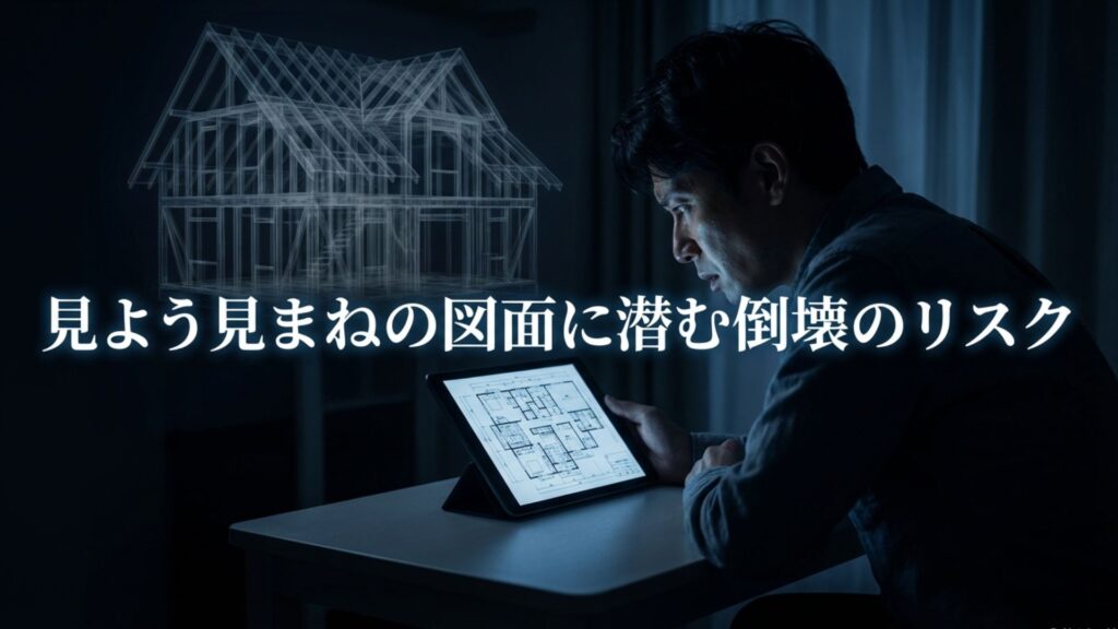 構造計算されていない不安定な家のイメージ図。「見よう見まねの図面に潜む倒壊のリスク」の警告文。