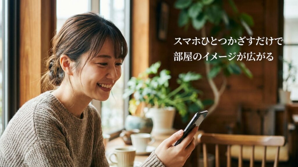 スマートフォンのカメラを部屋にかざしてARで家具を配置しているイメージ