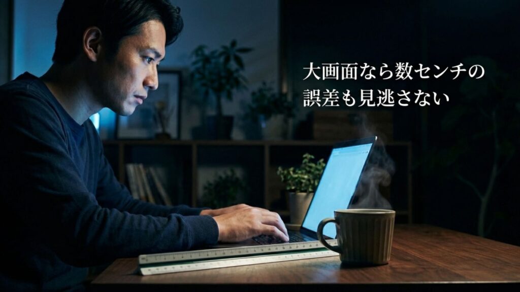 PCのモニターで詳細な間取り図と家具の寸法を確認している様子