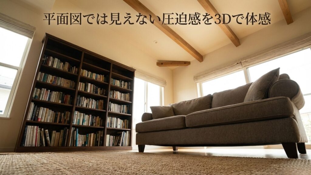 2Dの平面図から立体的な3D視点に切り替えて部屋の圧迫感を確認する様子