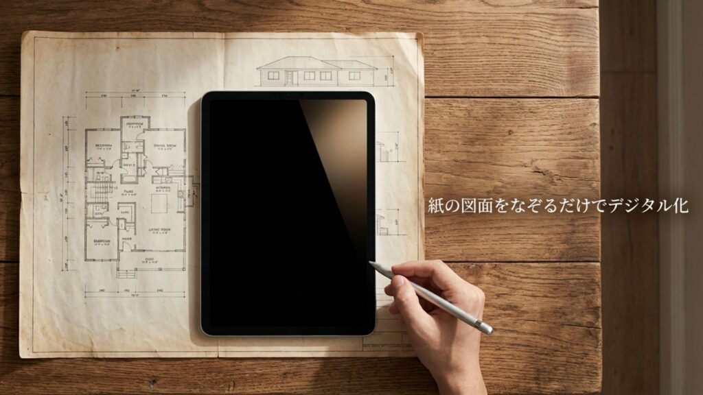 紙の間取り図面をアプリに取り込みデジタル化してなぞっているイメージ