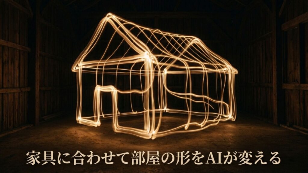 AIが家具の配置に合わせて家の形状（ワイヤーフレーム）を自動で変化させている様子