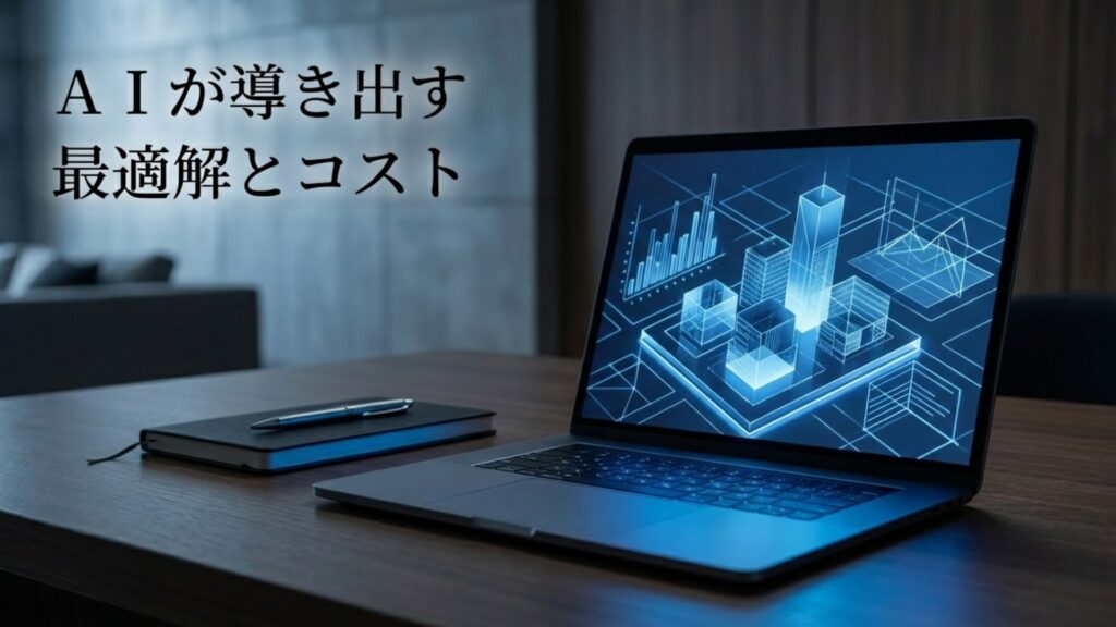 AIが最適解の間取りとコストを算出しているパソコン画面のイメージ。