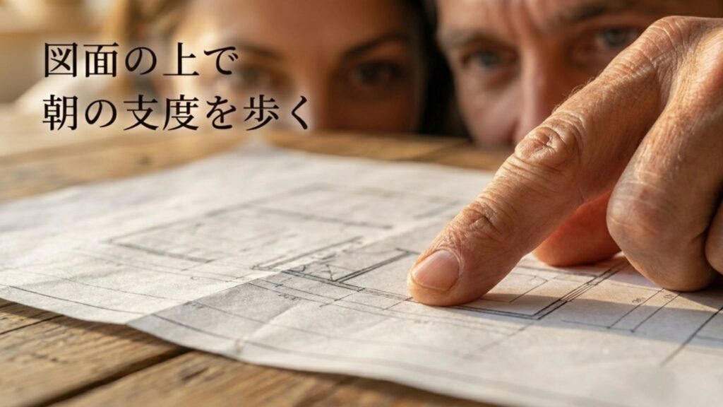 図面の上で朝の支度動線をシミュレーションしているイメージ。