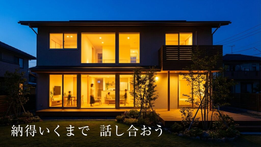 夜のリビングで家族が納得いくまで話し合っている温かい家のイメージ。