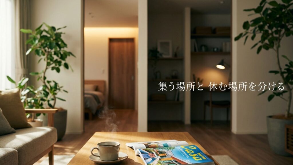 家族が集うパブリックゾーンと休息するプライベートゾーンを分けるゾーニングのイメージ。