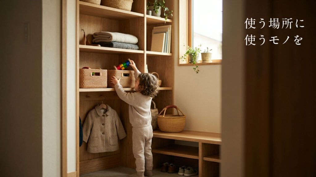 使う場所のすぐ近くに収納を配置する適材適所収納のイメージ。