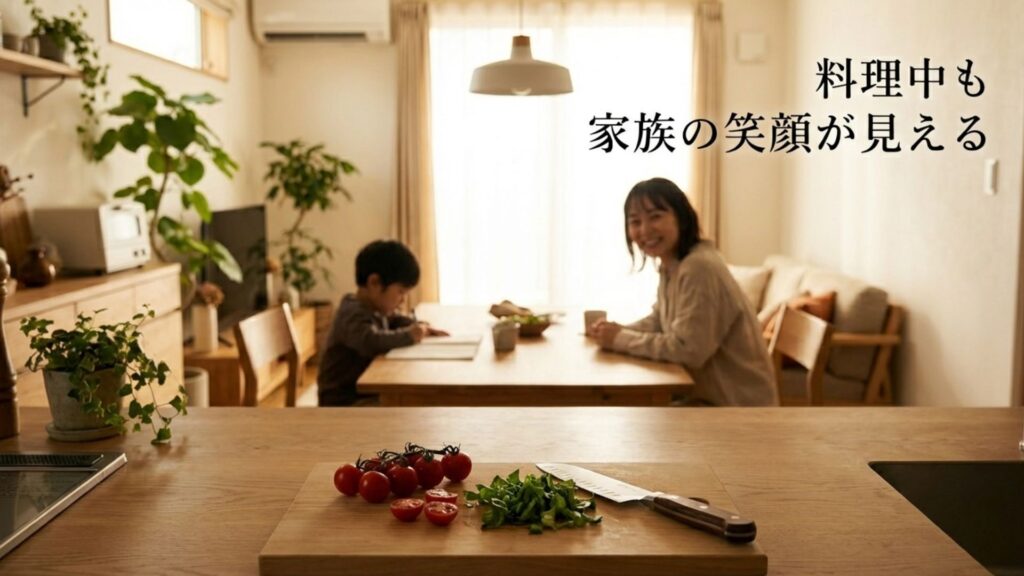 料理中もリビングにいる家族の笑顔が見える対面キッチンのイメージ。