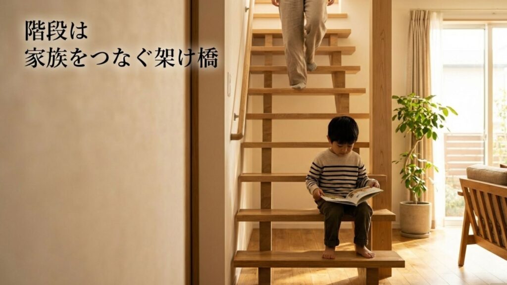 1階と2階をつなぎ家族のコミュニケーションを生むリビング階段のイメージ。