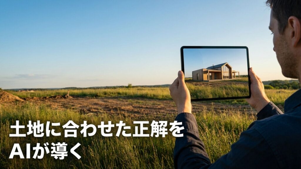 土地の形状や条件を入力すると、AIが自動的に最適解を導き出し、現実的な間取りプランを生成する様子。