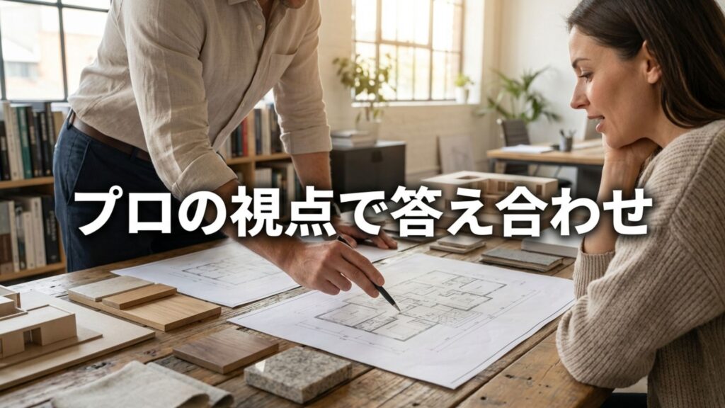 作成した間取り図をプロの視点でチェック（答え合わせ）し、改善点を指摘してもらっているイメージ。