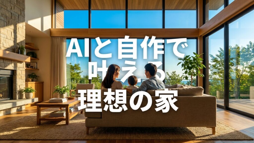 AIの確実性と自作のこだわりを融合させ、理想のマイホームが完成して喜んでいる家族のイメージ。
