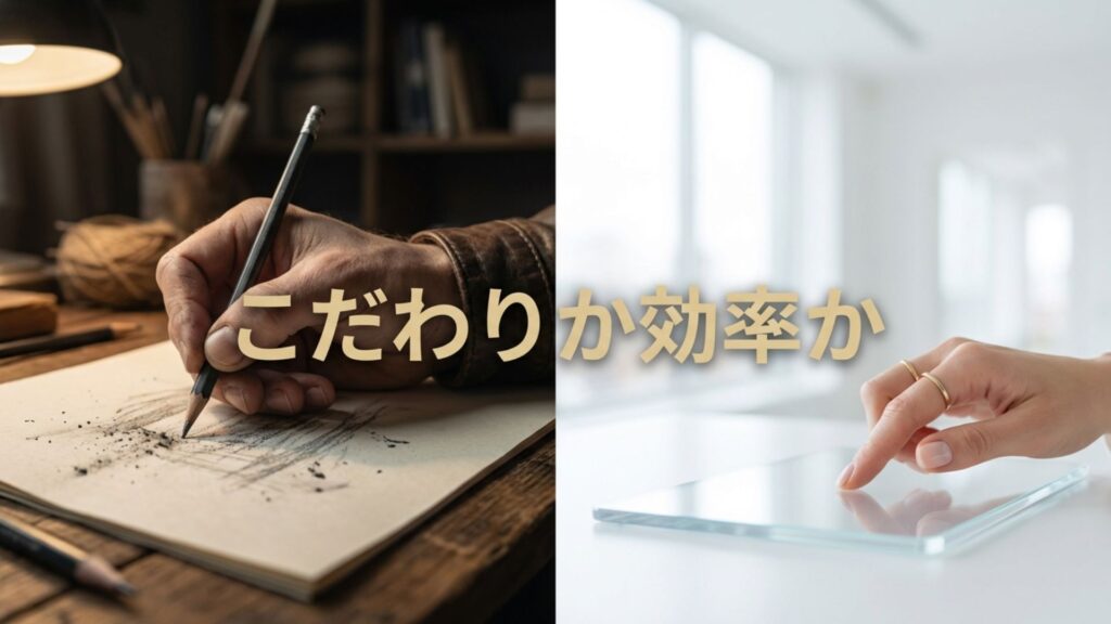 自分で細部までこだわるDIY型と、効率よく正解を出すAI提案型を比較検討しているイメージ。
