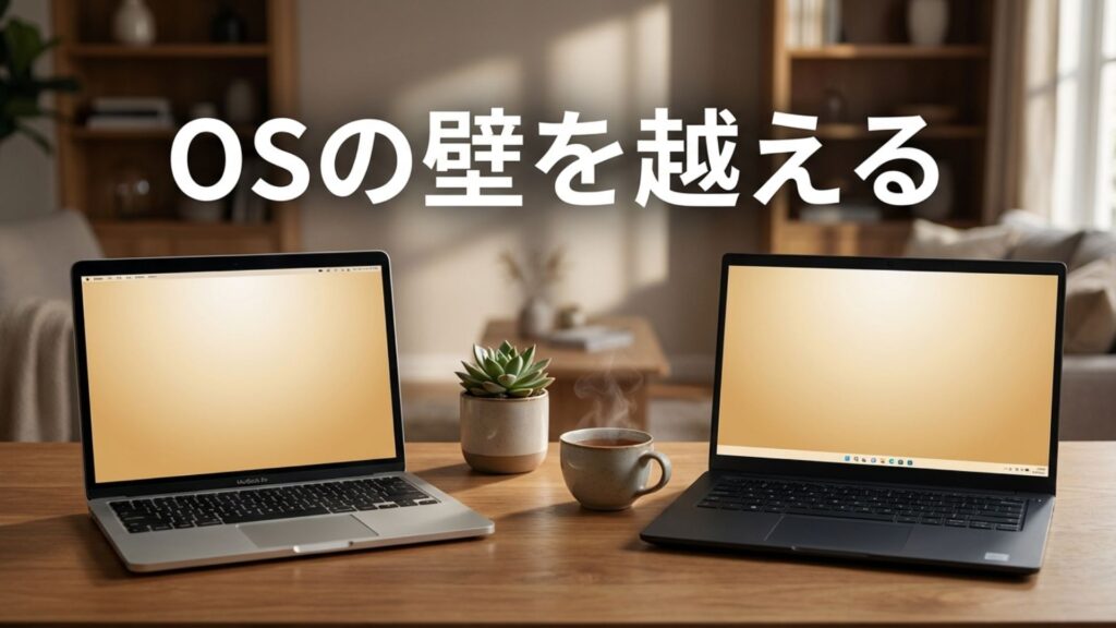 WindowsとMac、異なるOSのデバイス間にある壁を越えて、どちらでも自由にソフトが使える様子。