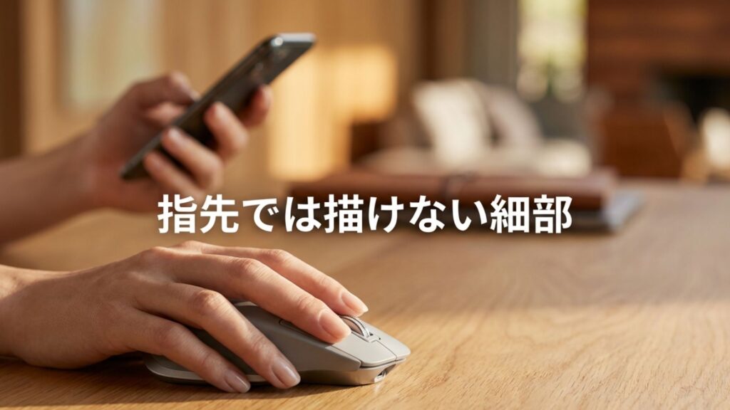 スマートフォンの指先操作では難しい細かい調整と、マウス操作の精密さを対比させたイメージ。