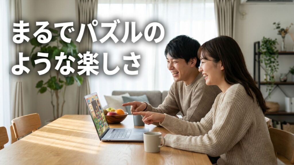 部屋のパーツをパズルのように組み合わせて、楽しみながら間取りを作っている様子。
