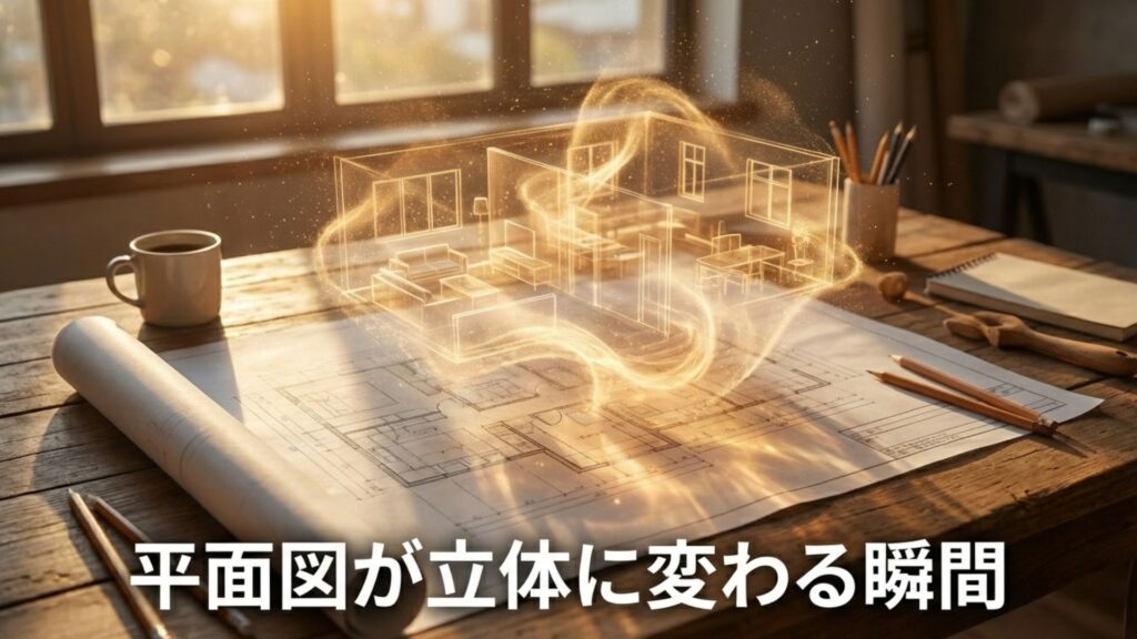 平面図（2D）から立体的な3Dパースへと視点が切り替わり、空間が立ち上がる瞬間のイメージ。