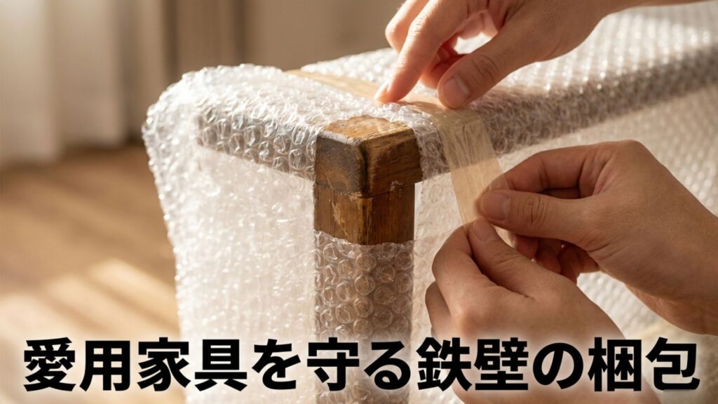 大切な家具を守るためにエアパッキン等で厳重に梱包する様子