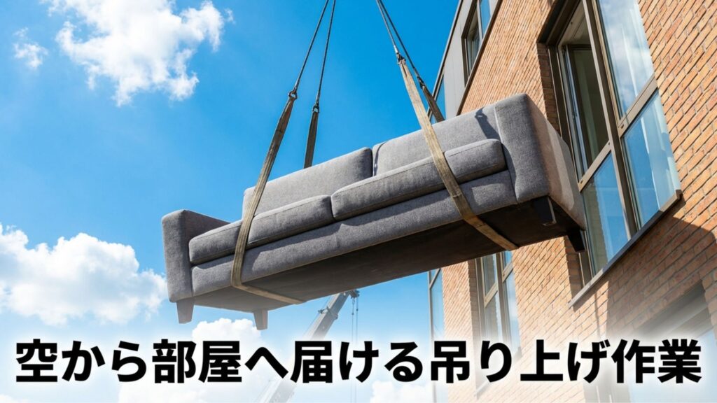 階段を通らない場合に空から窓へ吊り上げて搬入する方法を示すイメージ