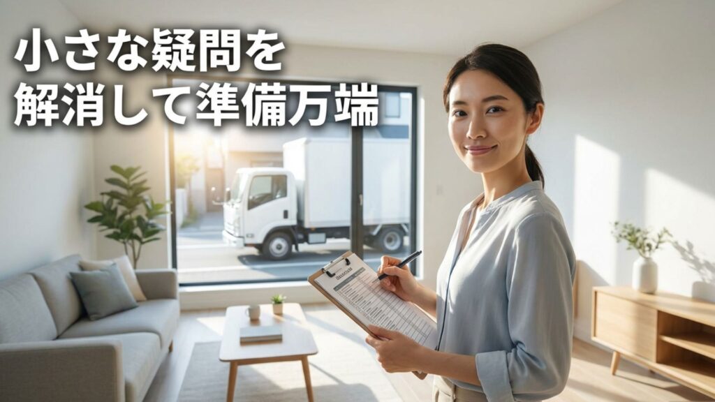 引っ越し準備における小さな疑問を事前に解消することの重要性を示すスライド